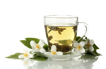 cup of green tea with jasmine flowers isolated on white