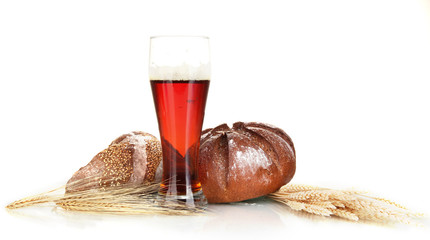 glass of kvass with bread isolated on white background
