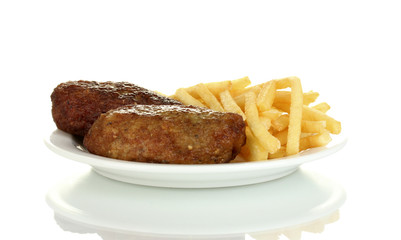 Potatoes fries with burgers in the plate isolated