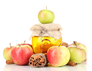 Honey and apples with cinnamon isolated on white
