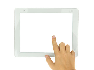 hands  pointing at modern tablet PC