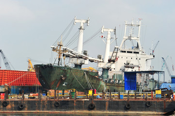 Fototapeta premium Ship In Repair Yard, Ship Building Industry