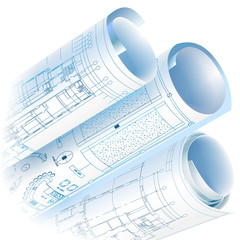 Architectural background with rolls of drawings