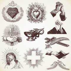 Fototapeta premium Vintage Religious Vector Pack illustrations, praying hands