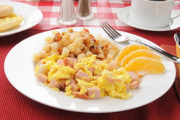 Scrambled eggs and diced ham