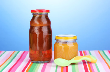 Jar of baby puree and juice with spoon
