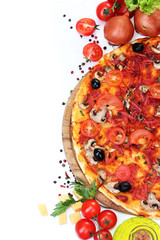 delicious pizza, vegetables and salami isolated on white.