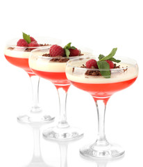 fruit jelly with chocolate and raspberries in glasses isolated
