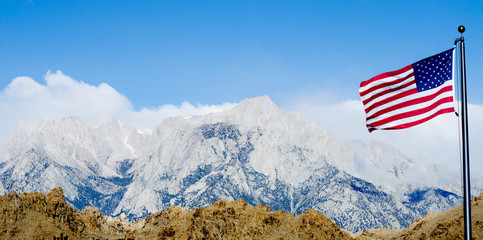 US Flag with Mount Whitney and Lone Pine on the background