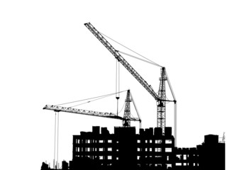 Silhouettes of two cranes near of building