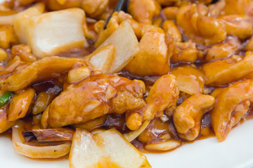 Asian meal : cashews, along with seafood and vegetables