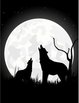 silhouette of wolf with giant moon background