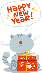 Card with cute little kitten with new year's gift