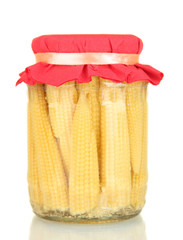 Jar with canned corn isolated on white