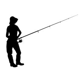 A silhouette of a fisherwoman holding a fishing pole