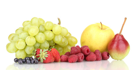 Mix of ripe sweet fruits and berries isolated on white