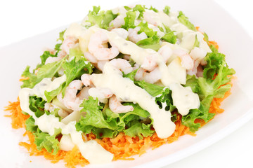 Delicious marinated shrimp in plate close-up