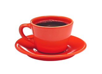 Red cup of coffee on plate isolated on white