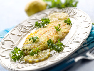 breaded sole fish, selective focus