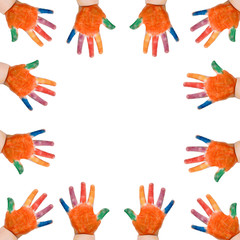 Fototapeta premium frame made of painted colorful paints children's hands