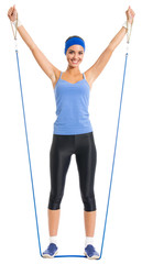 Cheerful woman exercising with growth, over white