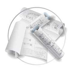 Engineering symbol with rolls of drawings
