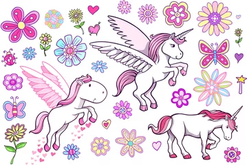 Foto op Canvas Unicorn Pegasus Fairytale Spring Vector Set © Blue Foliage