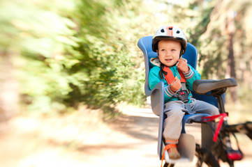 Little boy in bike child seat