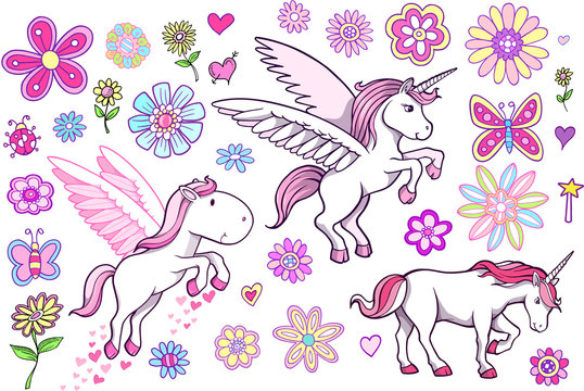 Unicorn Pegasus Fairytale Spring Vector Set