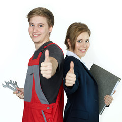 Apprentices for car mechanic and office having thumbs up