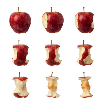 Different stages of an apple being eaten isolated on white