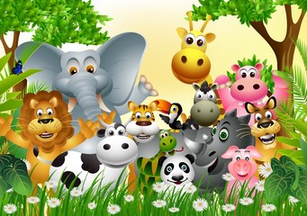 funny animal cartoon with tropical forest background
