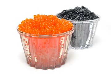 Red and black caviar in glass
