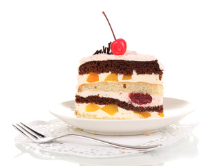 Layered fruit cake isolated on white