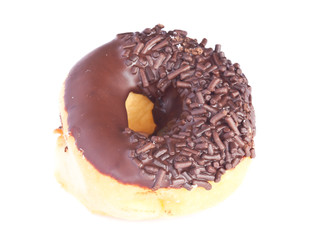Chocolate glazed donut isolated on white background.