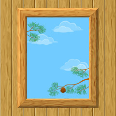 Wood window with pine branches