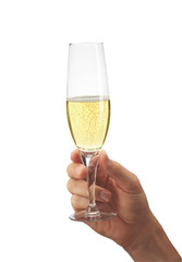 Man's hand with glass of champagne isolated on white
