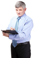 Businessman writing on document isolated on white