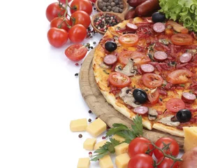 Gordijnen delicious pizza, vegetables and salami isolated on white. © Africa Studio