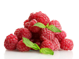 ripe raspberries with mint  isolated on white