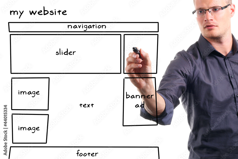 Sticker man drawing website wireframe on the whiteboard