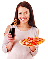 Woman holding pizza.