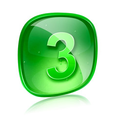 Number three icon green glass, isolated on white background