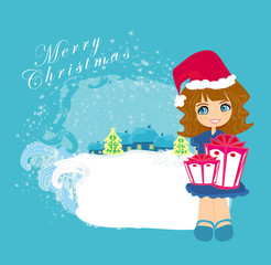 vector cartoon girl and christmas tree with gifts