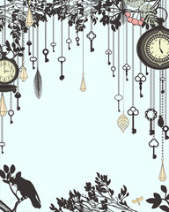 Clock and keys vintage vertical background