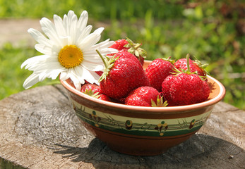 Спелые ягоды клубники в глиняной тарелке