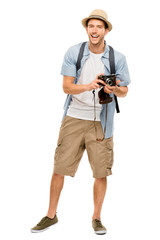 Fototapeta na wymiar Pełna długość portret człowieka szczęśliwego fotografa turystycznego na białym
