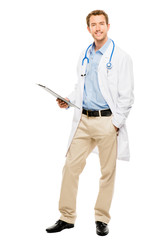 Full length of confident young doctor holding clipboard on white