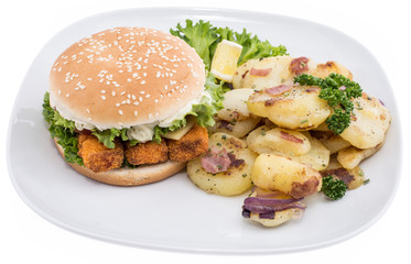 Plate with fried Potatoes and a Fish Burger