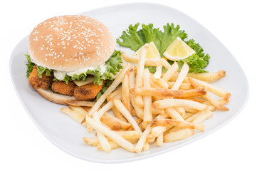Fish Burger with Chips isolated on white